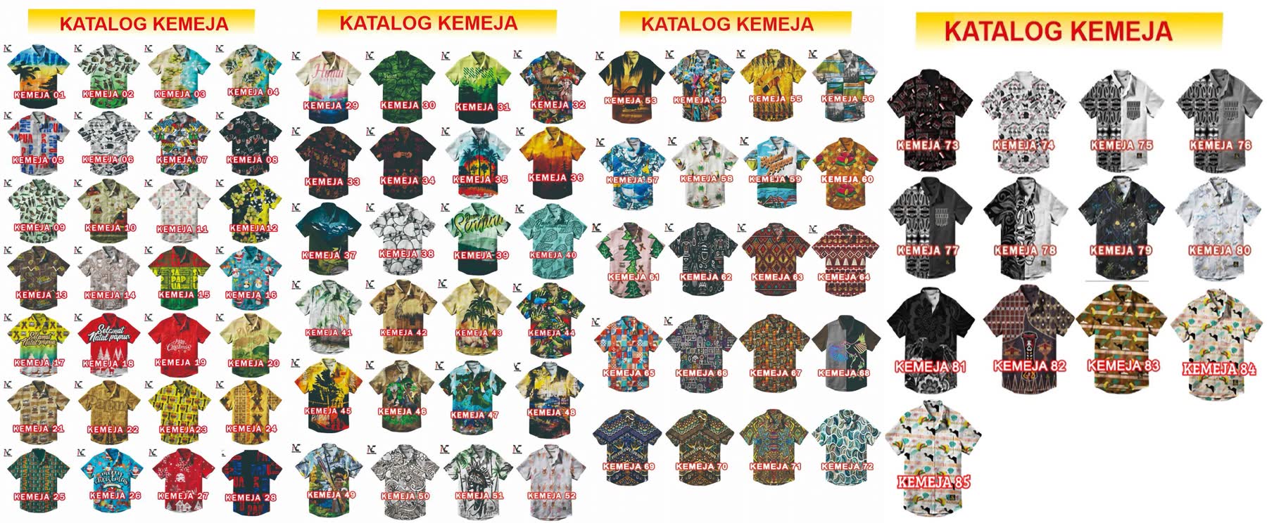 Katalog lengkap Kemeja Papua Noken Clothing, motif No. 1 sampai 85